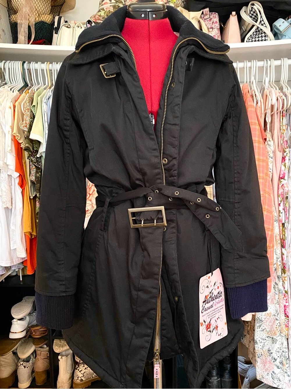🍁🖤🩷 Black Navy and Pink Belted Trench Coat Fall Autumn Winter Warm Long Cotton